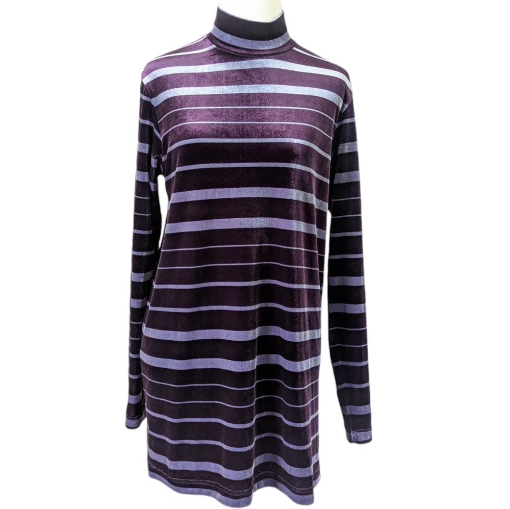 Vintage Velvet Tunic Y2K Jones & Co Purple Turtleneck Top Small Striped Sweater